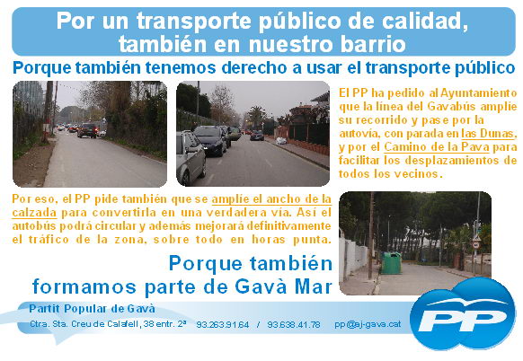 Fulletó editat pel PPC de Gavà demanant la millora del Camí de la Pava així com l'arribada del Gavabús a aquesta zona de Gavà Mar (Febrer de 2008)